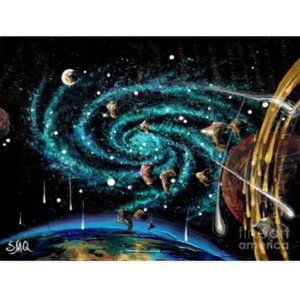 Meteor storm & emerald galaxy. Space Art Acrylic Painting by Sofia Goldberg